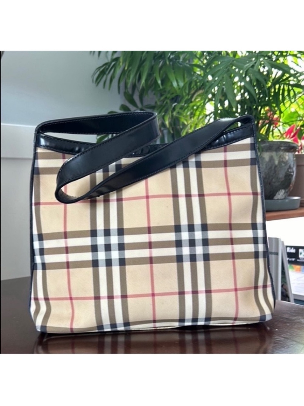 Burberry Beige Check Shoulder Bag with Black Trim
